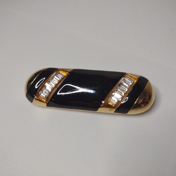 Black And Gold Tone Oval Brooch With Clear Rhinestones - Picture 2 of 14
